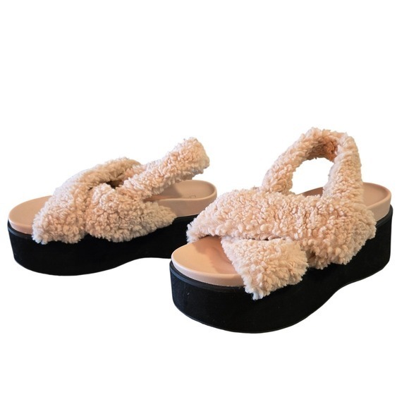 Cozy Sherpa Platform Sandals Cream Fuzzy Slides Chunky Platform Size 7.5